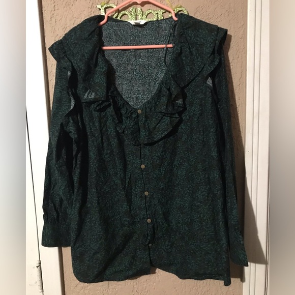 Women 16W-18W 1X Ruffle Top Botany Green Floral Terra & Sky 52 cotton 48 rayon - Picture 1 of 10